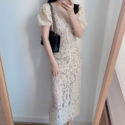 シアードレス ロング丈 袖あり 半袖 パフスリーブ Vネック タイト レース 透け感 シースルー かわいい 大人可愛い きれ｜匠shin
