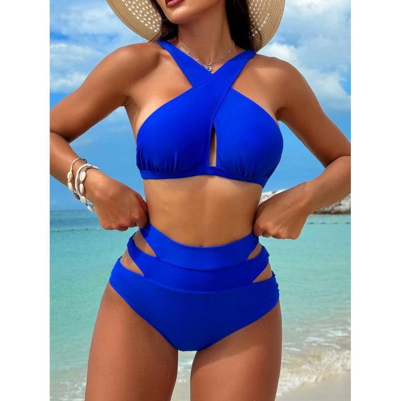 レディース ビキニ ヨーロッパ風 クロスデザイン 無地 グラデーション セクシー 胸パッド付き 競泳 海水浴 プール ブルー