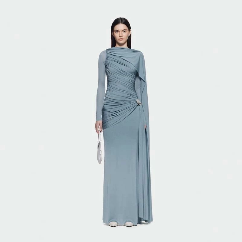 ワンピース 単色 プリーツ アシンメトリー シンプル スリムフィット ニット素材 ロング丈 マキシ丈 リボン 付き フォ