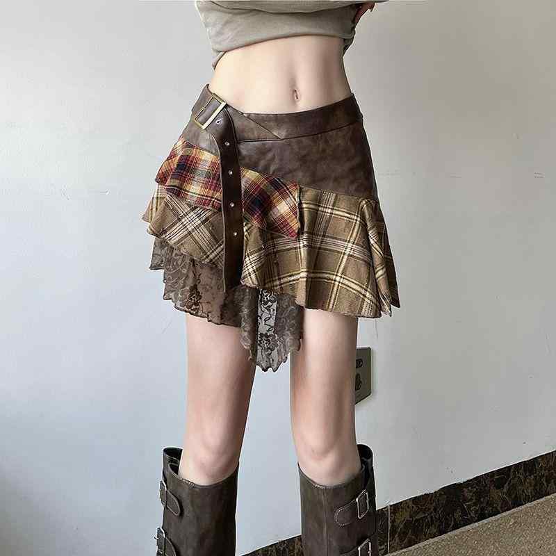 スカート チェック柄 切り替え レース ミニ丈 レトロ アメリカンスタイル 個性派 ストリート ビンテージ 風 セクシー