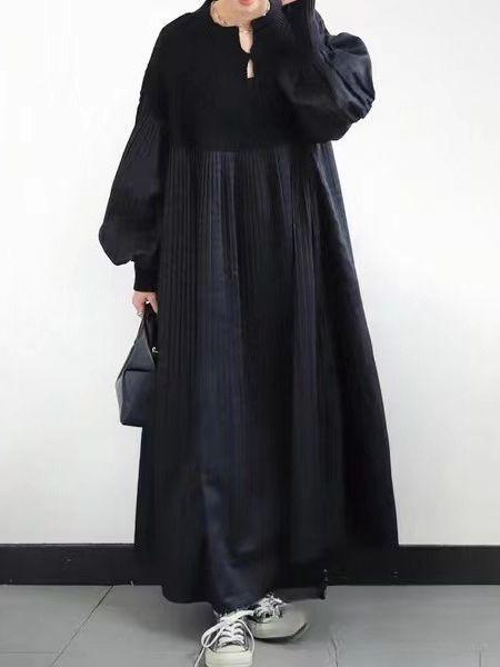 レディース 秋 プリーツ 菱形チェック ニット 切り替え ロング丈 ドレス 柔らかい素材 暖かみ レイヤード コーディネ