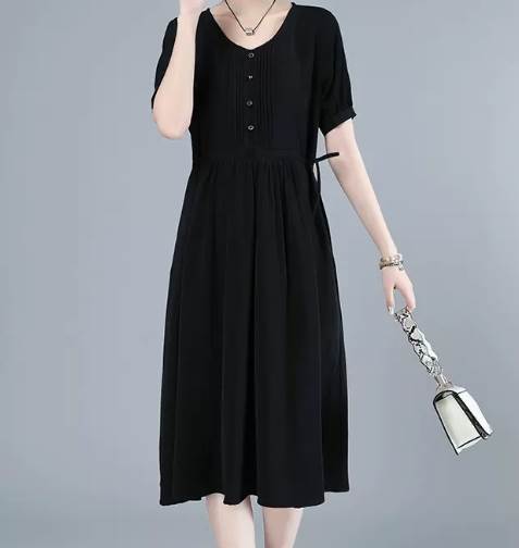 ミモレ丈 袖あり 半袖 ラウンドネック Aライン ハイウエスト ウエストマーク  かわいい 大人可愛い きれいめ シンプ