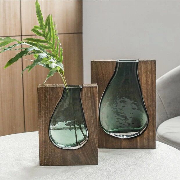 貨物輸送無料 木製ひな形 硝子花立て 飾りつけ 花器 今めかしいひな形 分かりやすい 緑であること硝子 オシャレ 室内装飾 御花