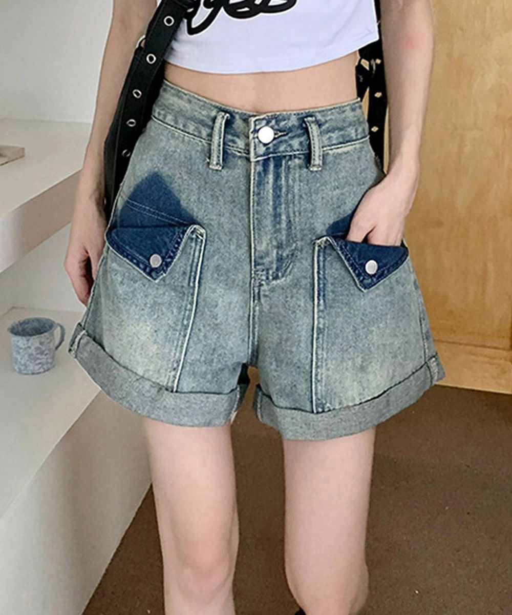 ロールアップ デニムショートパンツ 美脚 短パン レディース ハイウエスト ホットパンツ Aライン デニムワイド 着やせ ショーパ