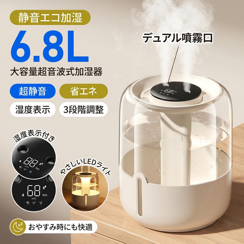 【静音エコ加湿】3段階 超音波式 6.8L デュアル噴霧口 卓上加湿器 大容量 省エネ 湿度表示 オフィス 寝室 新生活 ポイント消化 プレゼント ギフト 人気 おすすめ 母の日 父の日 誕生日