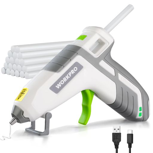 WORKPROグルーガンボンドガンコードレス3.6VTYPE-C充電式120秒急速加熱スティック20本付断電保護機能軽量速乾液漏れ・やけど防止スタンド付き強力粘着補修接着剤DIY趣味手芸木工作業用