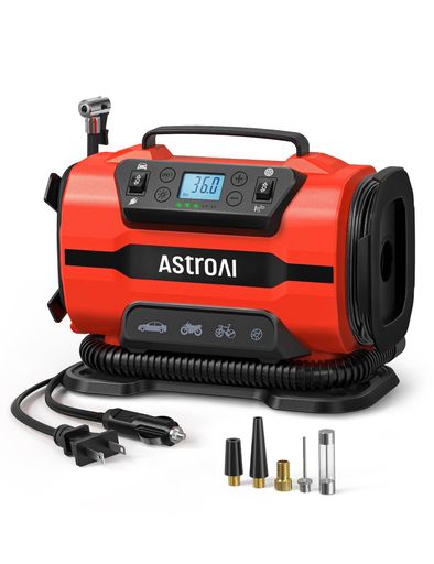 AstroAI大気圏コンプレッサー電動空気の状態入れ5インチ1タイア・スウィミングプール乗用車用AC/DC給電150PSI自動小銃ワット数オフメモリ役立つことLED点火装置五類概念取り替えっこノズル仏式/米式/英式全弁膜相応う自動二輪車銀輪エアマットレ…