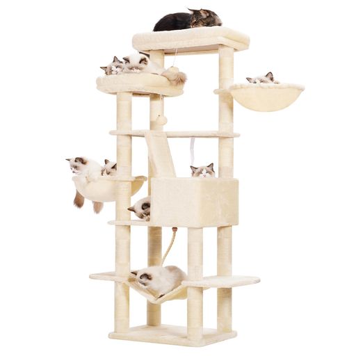 Heybly キャットタワー 大きな猫や多頭飼い 超スリム 据え置き型 省スペース 登りやすい ハンモック2つ 大きな見晴らし台 天然麻紐 爪研ぎ棒 高さ173cm ベージュ HCT025M｜親愛商事