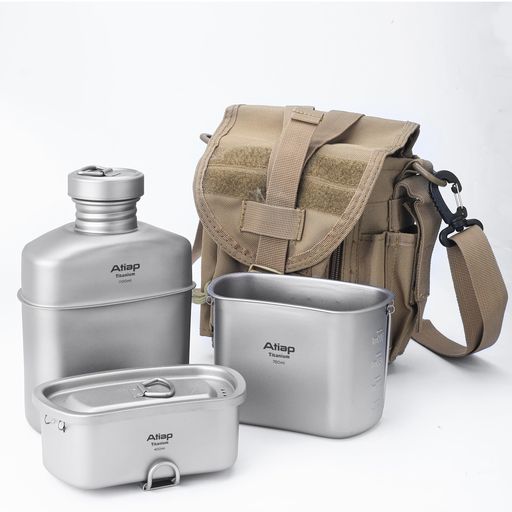 TitaniumCanteenMessKitwithWaterBottlePotUltralightPortable1100MLPotwith750MLand400MLStackableCupsforOutdoor
