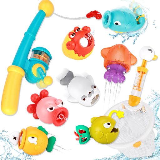VBACALAお風呂おもちゃ10PCS釣り遊びおふろおもちゃ魚ちゃん海の生き物タモ網釣り竿付き5IN1水遊びセットかわいい水鉄砲水車シャワー噴水バストイクリスマスプレゼント
