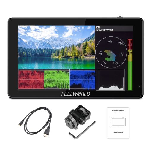 FEELWORLD LUT5 5.5インチ超高輝度 3000nitタッチスクリーン DSLRカメラフィールドモニター、F970外部電源およびインストールキット4KHDMI入力出力1920X1080IPSパネル｜親愛商事