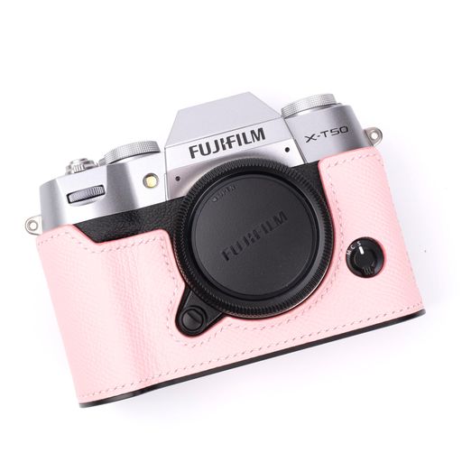 対応 Fuji X-T50 専用 カメラケース カメラカバー カメラバッグ 本革 【純手作】頭層牛革本体+手で縫った鞍形のピンで作られています+メタルベースプレート (B-3Q PINK)｜親愛商事