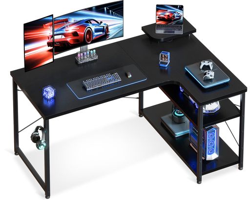 ODK ゲーミングデスク L字 パソコンデスク 幅110 デスク desk 机 pcデスク 棚付き オフィス ワーク 在宅勤務 卓子 勉強机 組立簡単 ブラック 右棚|親愛商事
