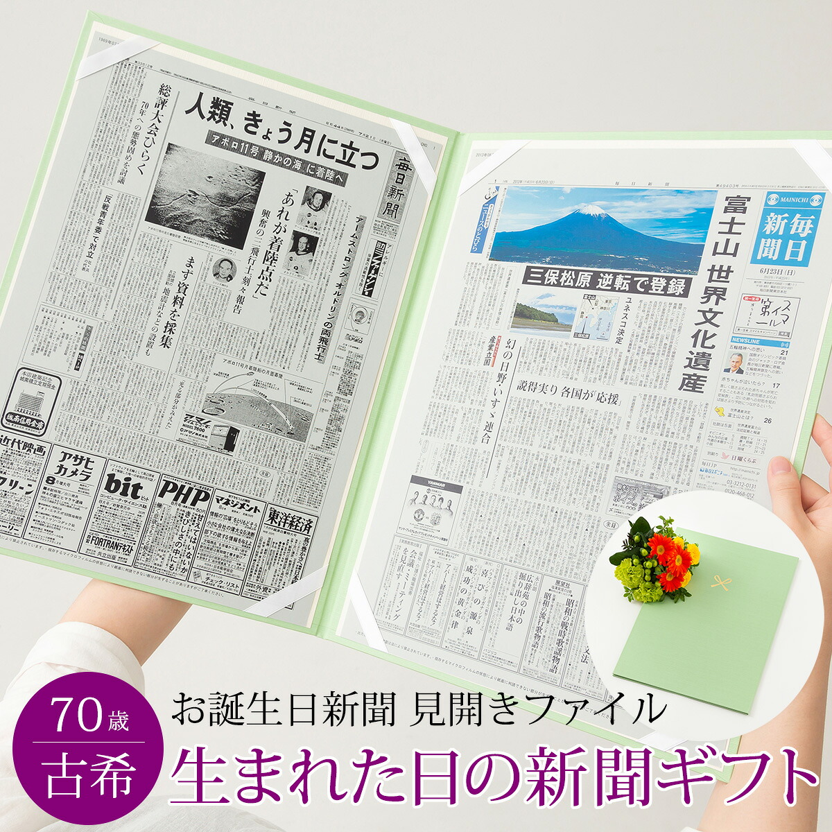 【古希 プレゼント お祝い】 男性 女性 70歳 ギフト 長寿祝い 生まれた日の新聞 誕生日 お祝いセット （0歳、20歳）新聞2枚セット 見開きファイル お誕生日新聞