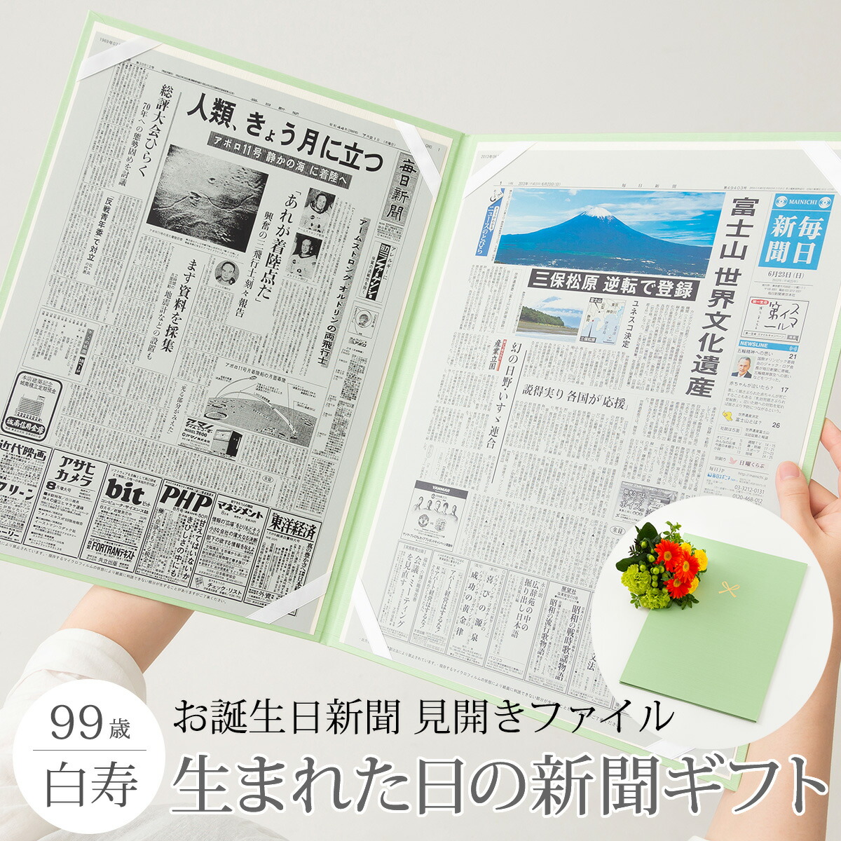 【白寿祝い】お誕生日新聞 見開きファイル(0歳、20歳)新聞2枚セット 白寿 99歳 無料ギフト包装 メッセージカード ルーペ 男性?女性 父 母 祖父 祖母 おじいちゃん おばあちゃん 長寿祝い 誕生日 プレゼント