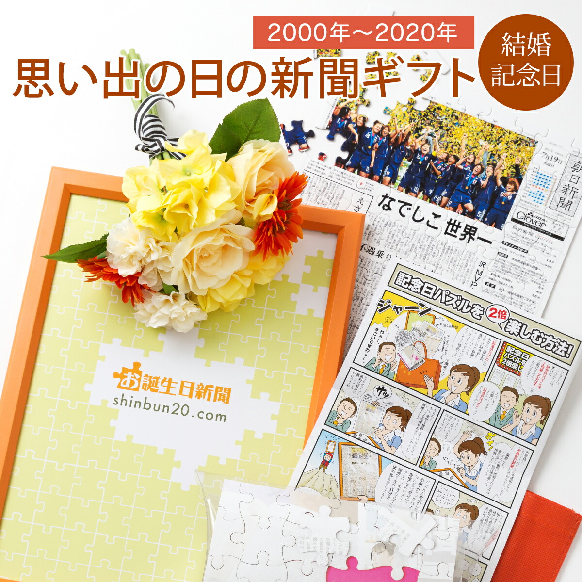 お誕生日新聞 結婚記念日 プレゼント 2000年〜2020年 嫁 夫 友人 結婚 記念 祝い 新聞 パズル フレーム メッセージカード ルーペ 付き  最新作の