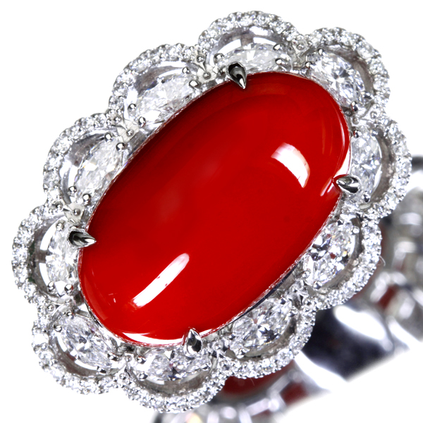 売り手未使用Pt900　ダイヤ付0.10ct 赤珊瑚デザインリング１５号　指輪　鑑別付 リング(指輪)