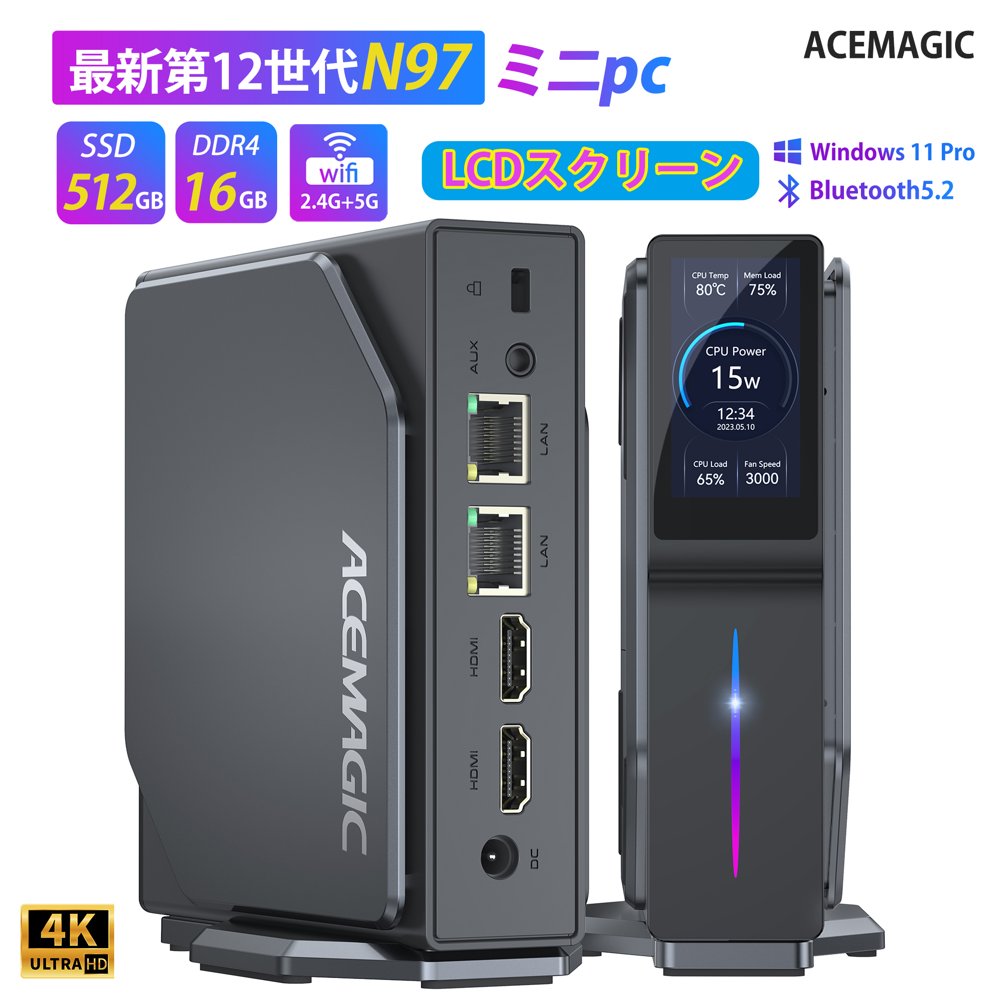 ACEMAGICIAN 4k Mini PC Intel i5 12th 12450H 16GB DDR4 512GB SSD WiFi  3-Screen