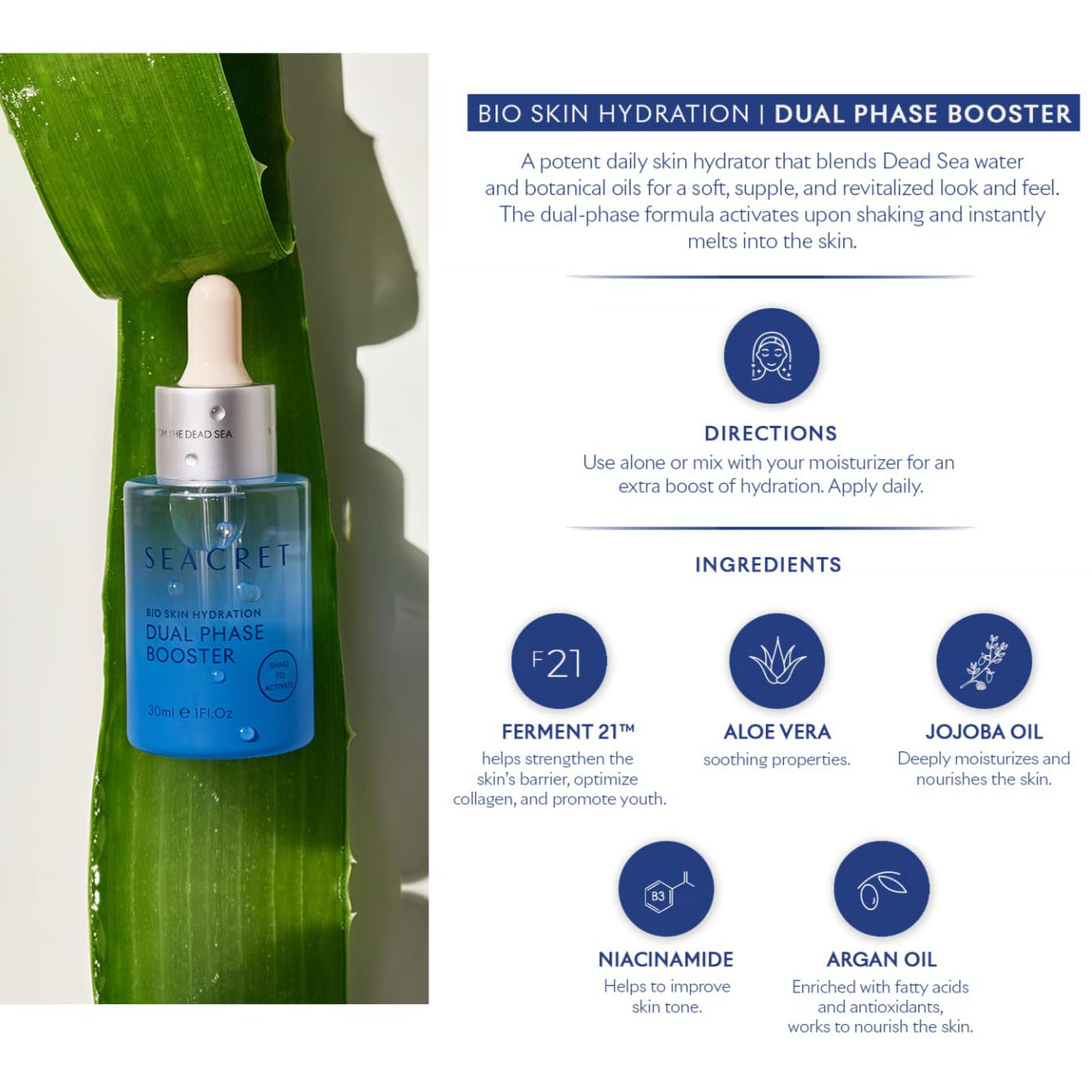 SEACRET バイオスキンハイドレーション デュアルフェーズブースター, 30ml, 揺りうごかすして当て嵌める