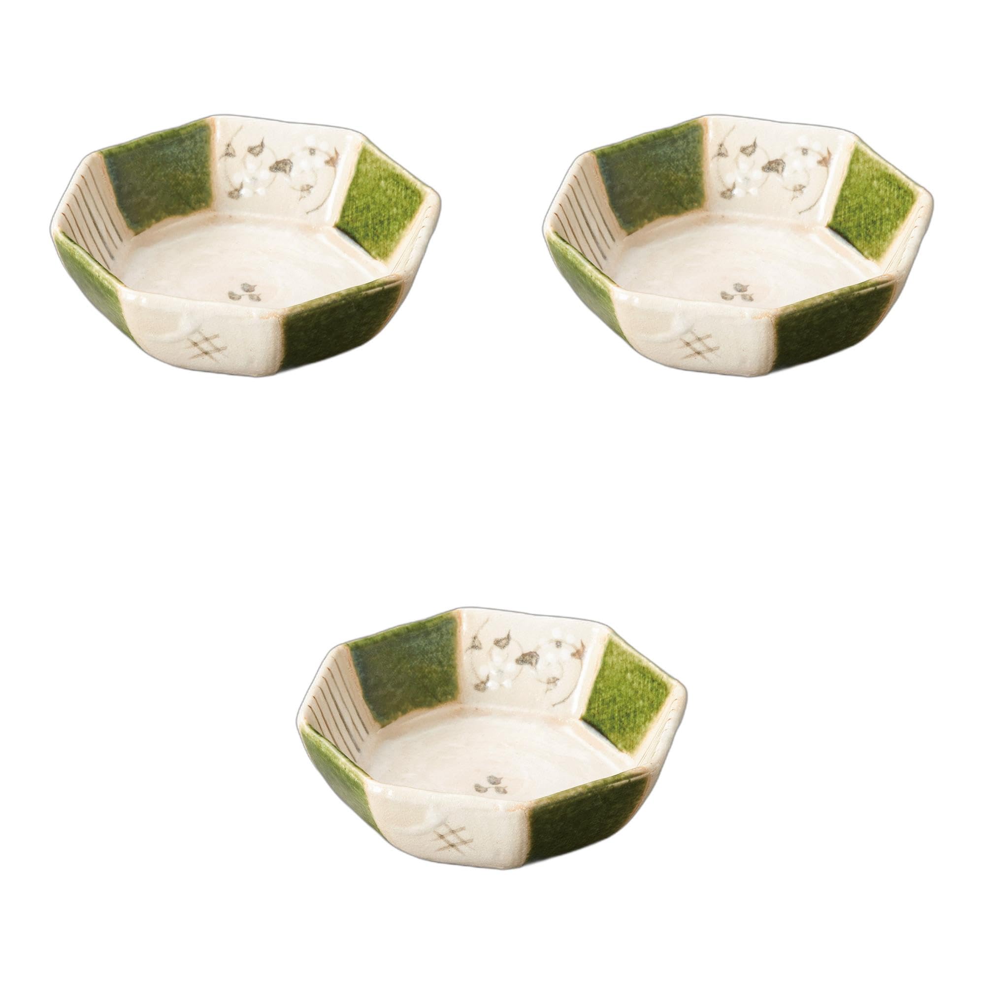 セトモノホンポ(Setomonohonpo) 3個書き割り 志野織部 八角茴香小鉢 唐草絵 [ 13×13×4.5珊 ] | 小鉢瀬戸もの