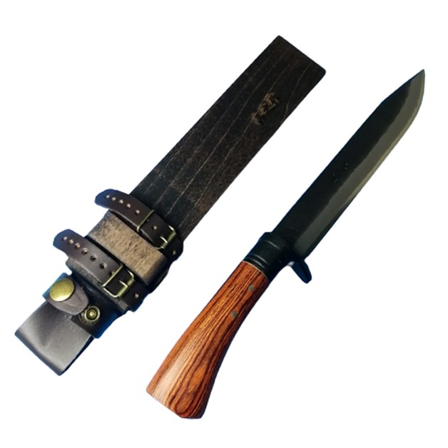 土佐打刃物　晶之　青紙　ダマスカス鋼　両刃　剣鉈210ｍｍ　限定レッドハンドル　ツバ付口金付　木鞘付　狩猟　ブッシュクラフト　焚き付け　薪割　ソロキャンプ　男の料理　バトニング