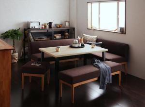 ダイニングセット(テーブル&ソファ ベンチ スツール) モダンカフェ風リビングダイニングセット 6人 5点セット(テーブル+ソファ1脚+アームソファ1脚+ベンチ1脚+スツール1脚) 右アーム W120 組立設置付|家具工場 田舎の家具屋さん