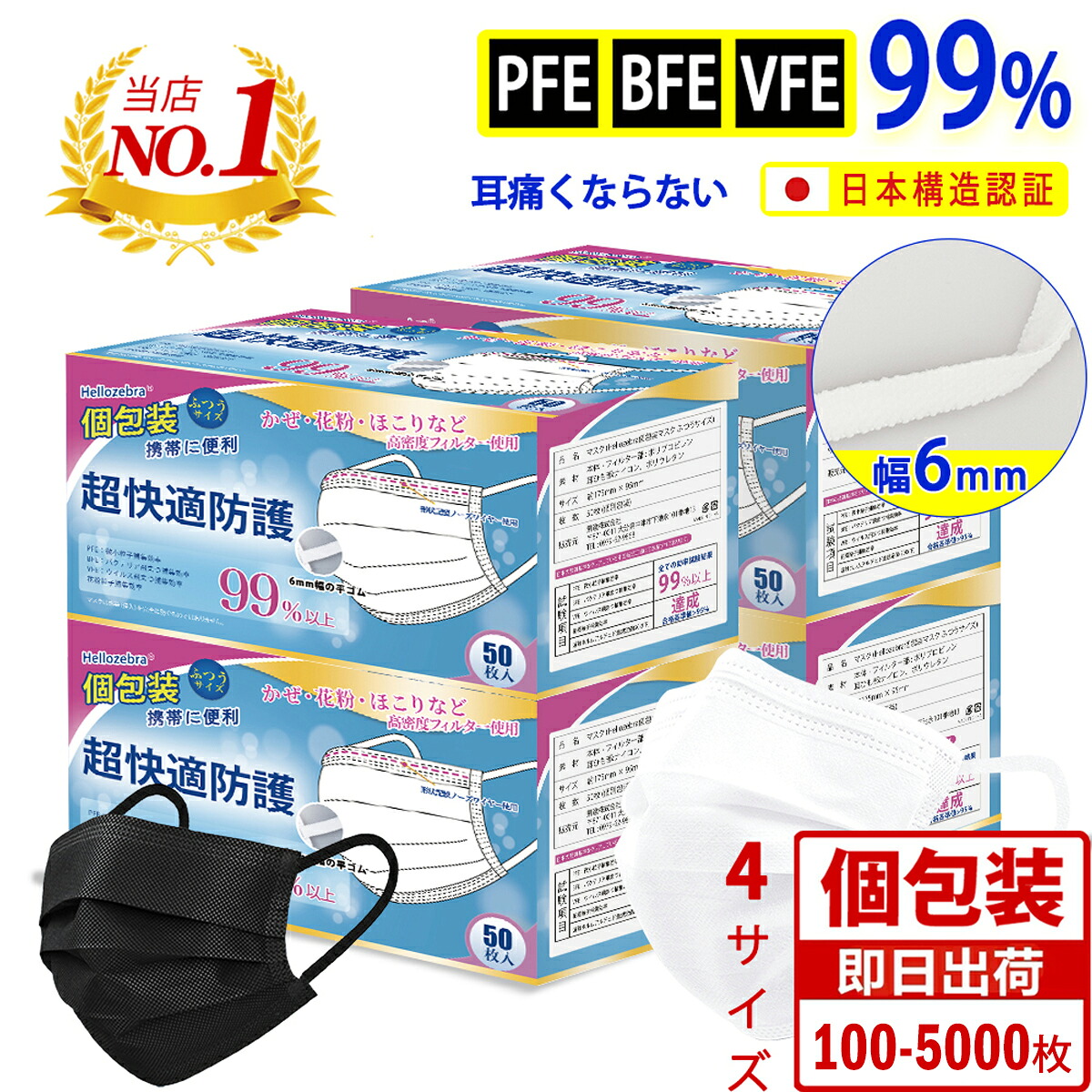 Hellozebra 不織布マスク 個包装 100枚〜