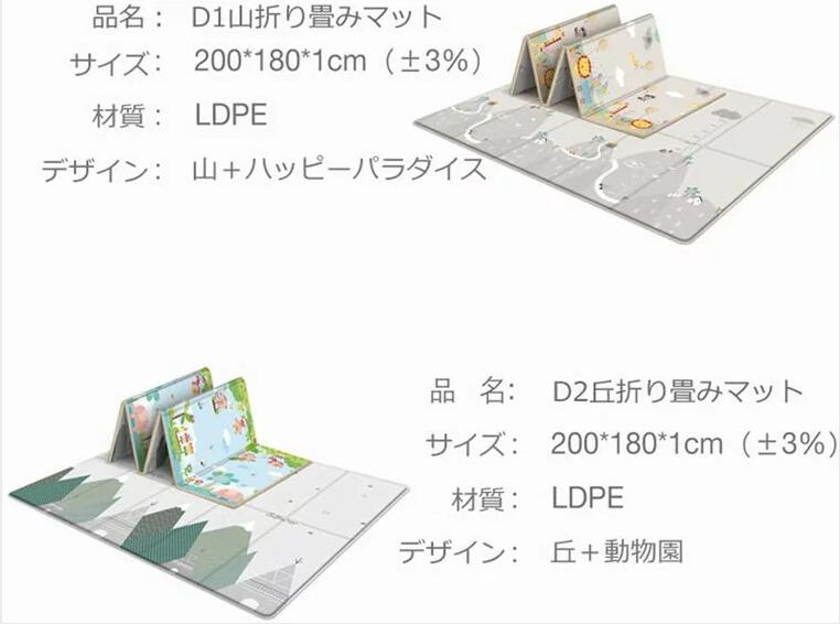 ベビープレーマット 折り畳み式 200 x 180 x 1cm ベビーマット 安全 プレイマット 両面使用 かわいいベビーマット 防水 防音 滑り止 衝撃緩和 持ち運びが容易