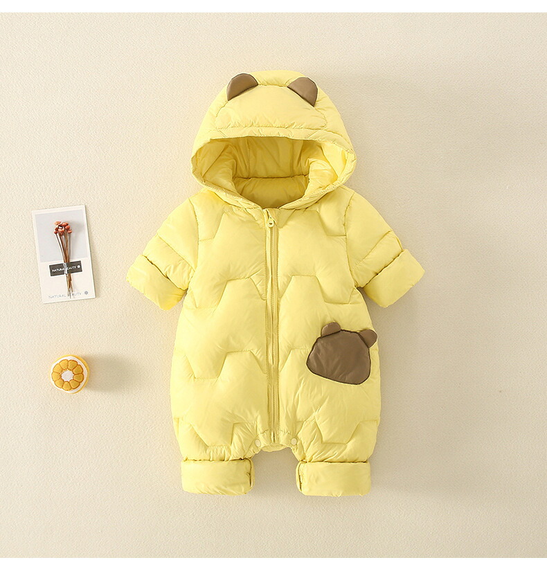 ジャンプスーツ イエロー 可愛い キッズコート ダウンコート 冬服 あったか 出産祝い 誕生日 プレゼント ギフト イエロー フード付き 男女兼用 男の子コート 女の子コート カバーオール ベビー服 ベビー 66cm 73cm 80cm 90cm