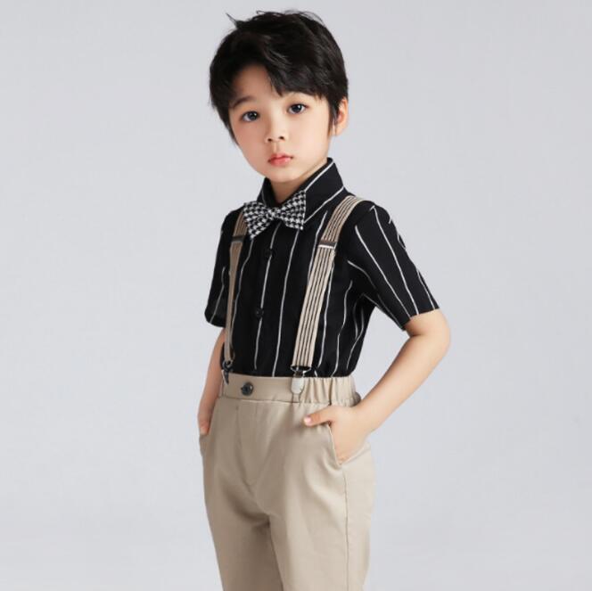 80 Off 4点セット 夏服 品質良い ライン 縞柄 ブラックシャツ ショートパンツ サスペンダー 蝶ネクタイ 男の子スーツセット子供スーツ カジュアル フォーマル 上下セット キッズスーツ かっこいい お祝い 半袖 ギフト 七五三 入学 卒園 演奏 演出 音楽会 結婚式 90 150