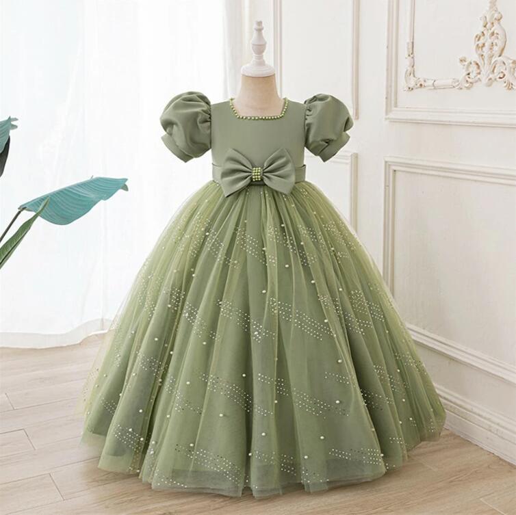 送料無料 結婚式 ドレス キッズ 140 誕生日 ドレス 女児 キッズ プリンセス ドレス 可愛い パーティードレス パフスリーブ 発表会 女の子 ドレス 韓国 ロング丈 ドレス シャンパン 白 ピンク 緑 ドレス 発表会 子供 パーティードレス チュール 演奏会 ドレス 110 -160