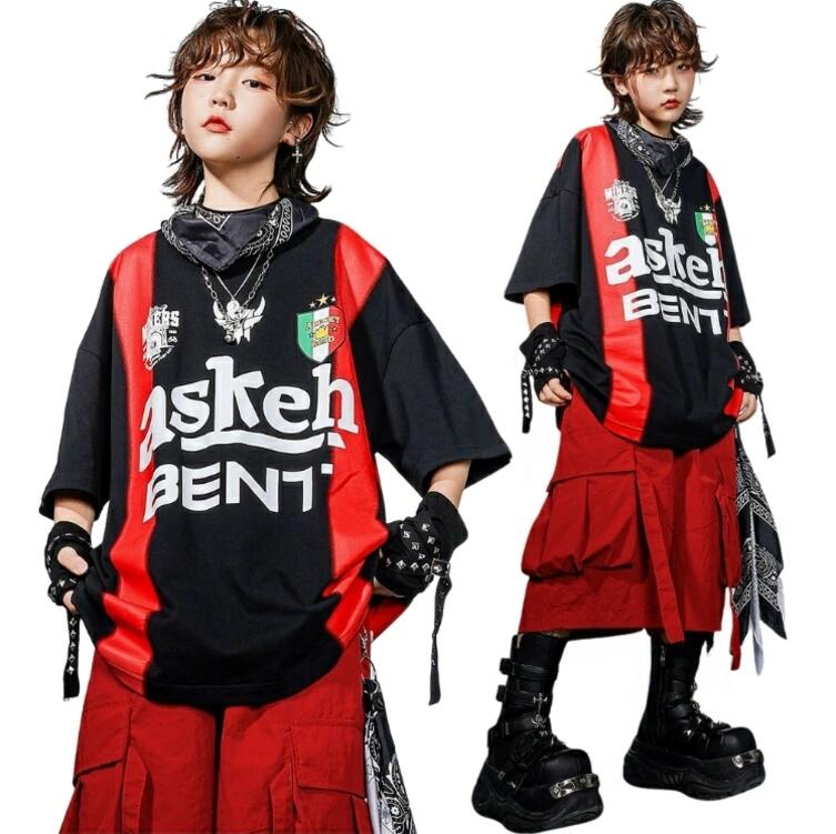 送料無料 ダンス衣装 キッズ 赤 セットアップ ストライプ 男の子 女の子 ｔシャツ ハーフパンツ かっこいい ヒップホップ ストリート ダンスウェア 韓国 HIPHOP 練習着 子供服 キッズ ダンス 衣装 K-POP ステージ衣装 団体服 イベント 発表会 個性派 110-180