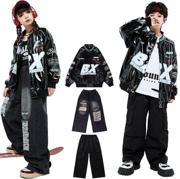 送料無料 フェイクレザー ダンス衣装 デニムパンツ キッズダンス衣装 セットアップ ジャケット レザー 長袖 ジーンズ ダメージ かっこいい 練習着 ヒップホップ 子供服 ダンス 衣装 レザー キッズ 男の子 女の子 ウィンドブレーカー ズボン ストリート系画像
