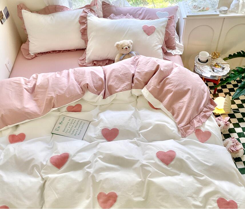 もこもこ【送料無料】シャギー花柄フリル付きレース厚手可愛い刺繍布団カバーセット防寒吸湿速乾暖かい春秋冬4点セット防菌防カビフラット/ボックスシーツ寝具ダブルピローケース1.5m/1.8m/2.0m枕カバープレゼントお祝い掛ふとんベッドカバー