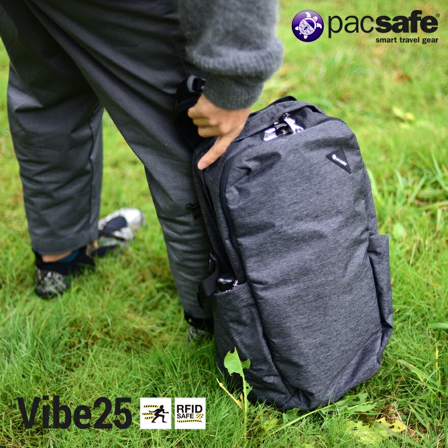 Pacsafe パックセーフ Vibe 男女兼用バッグ 25 バイブ25 バックパック バックパック ブラック グレーカモメンズ ビジネスバッグ Sport リュック 盗難防止機能 Rfid Safe Roobar Sport Locking System コンビニ受取対応 Rcp Shinwa Shop