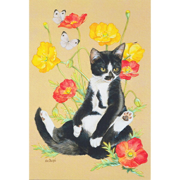 おちょぴさんの絵画「ピンクの椿と猫」です