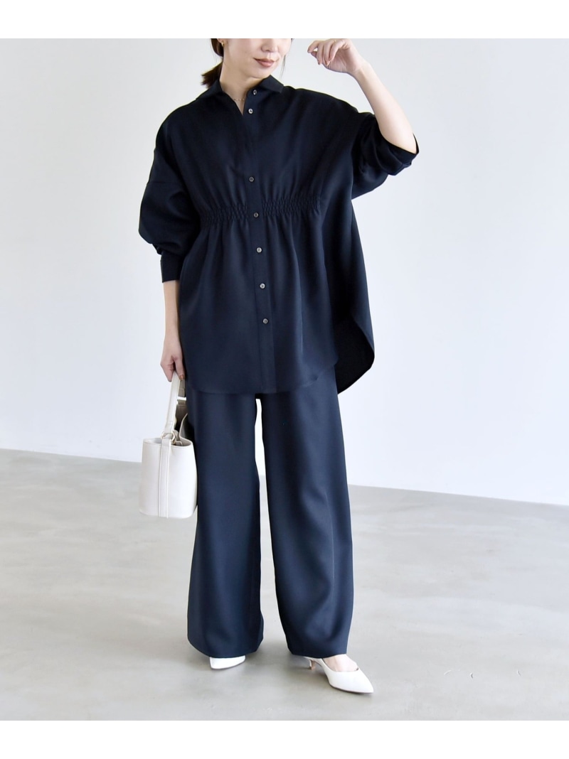 quaranciel:＜洗濯機可能＞ギャザー シャツ & イージー パンツ セットアップ quaranciel シップス オールインワン・オーバーオール その他のオールインワン・オーバーオール ネイビー グレー【送料無料】[ Fashion]