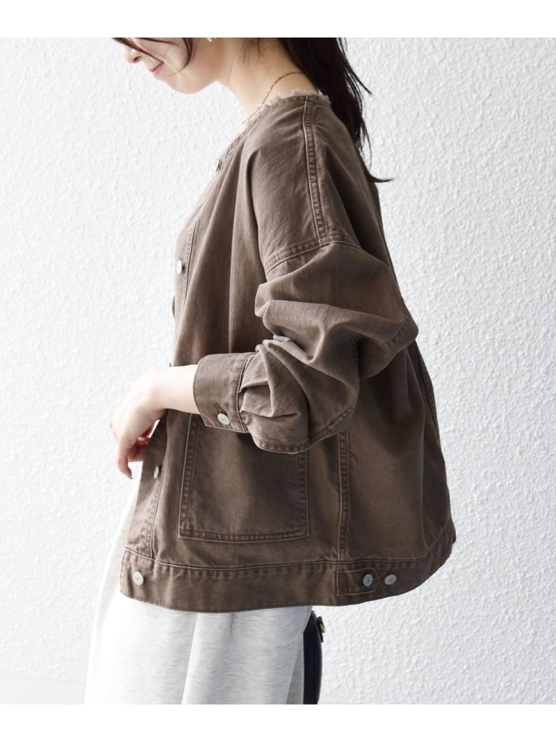 《一部予約》SHIPS any: ノーカラー デニム ブルゾン[SHIPS any DENIM] SHIPS any シップス ジャケット・アウター デニムジャケット ブラック ブラウン ネイビー ブルー ホワイト【先行予約】*【送料無料】[ Fashion]｜SHIPS　シップス
