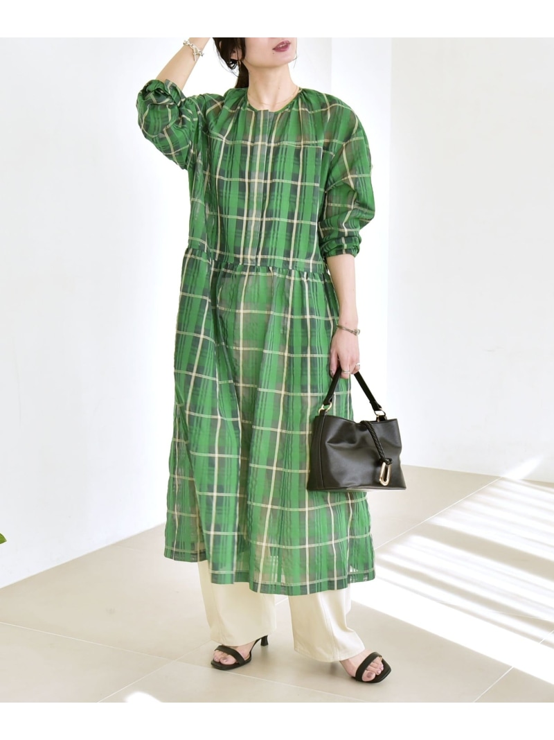 【SALE／30%OFF】quaranciel:＜手洗い可能＞シアー チェック クルーネック ギャザー ワンピース quaranciel シップス ワンピース・ドレス ワンピース パープル グリーン【RBA_E】【送料無料】[ Fashion]｜SHIPS　シップス