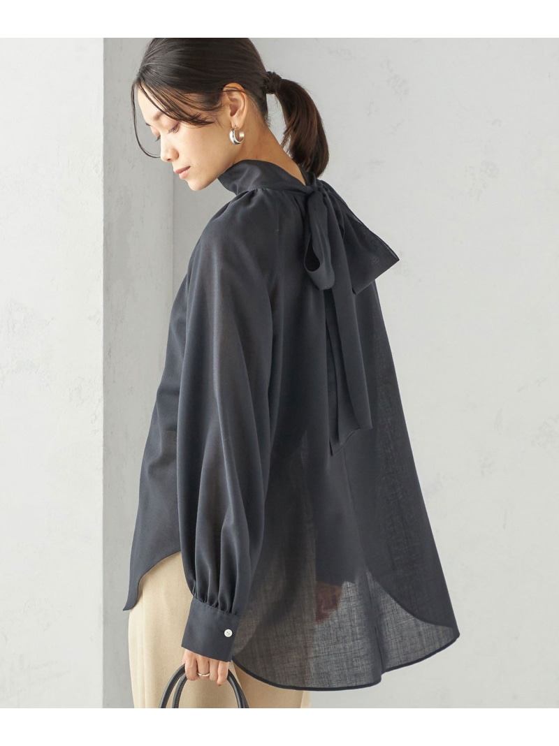 ＜手洗い可能＞ウール混 シアー ボイル リボン ブラウス SHIPS WOMEN シップス トップス シャツ・ブラウス グレー ネイビー【送料無料】[ Fashion]