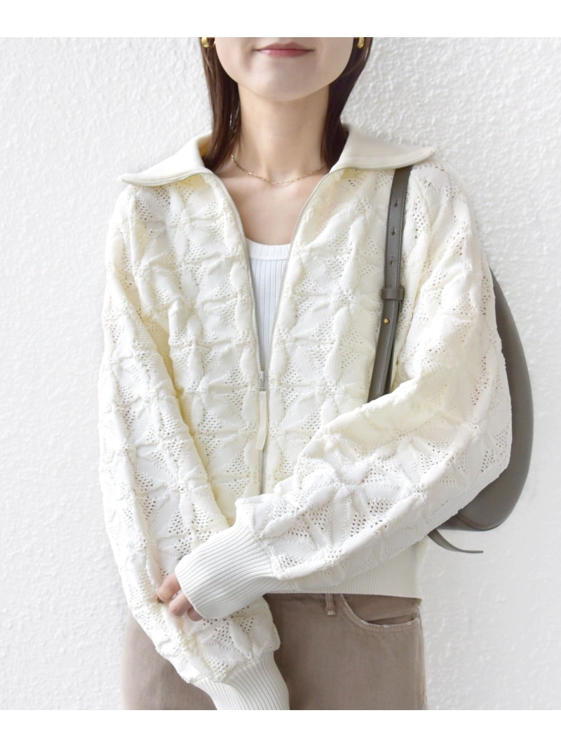 【WEB限定】＜手洗い可能＞フラワー ジャカード ジップ カーディガン SHIPS WOMEN シップス トップス カーディガン ホワイト グレー【送料無料】[ Fashion]