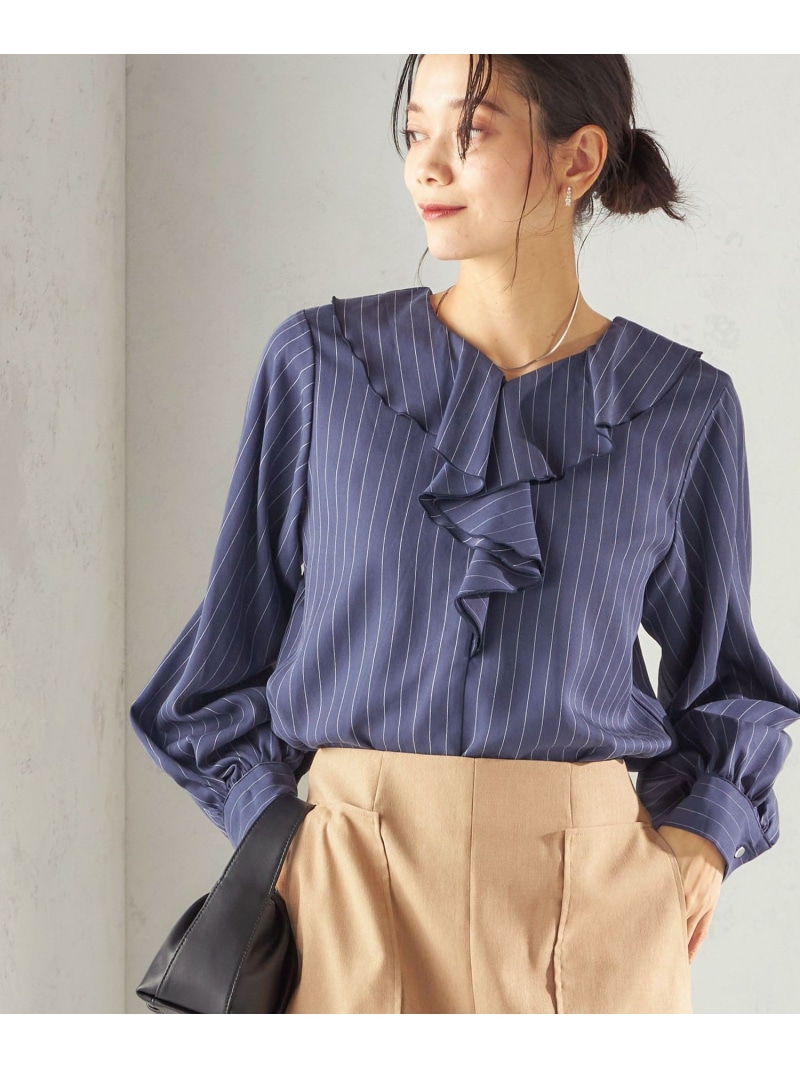 ＜手洗い可能＞フィブリル ストライプ フリル カラー ブラウス SHIPS WOMEN シップス トップス シャツ・ブラウス ネイビー【送料無料】[ Fashion]