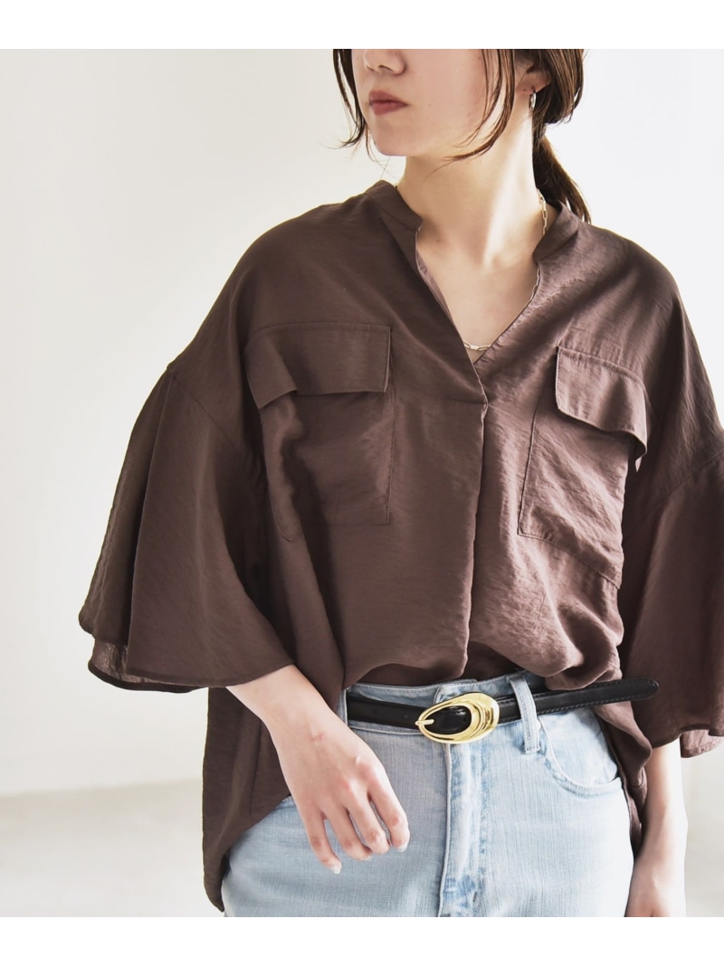 quaranciel:＜手洗い可能＞フレア ハーフスリーブ バンドカラー スキッパー シャツ quaranciel シップス トップス シャツ・ブラウス ホワイト カーキグリーン ブラウン【送料無料】[ Fashion]