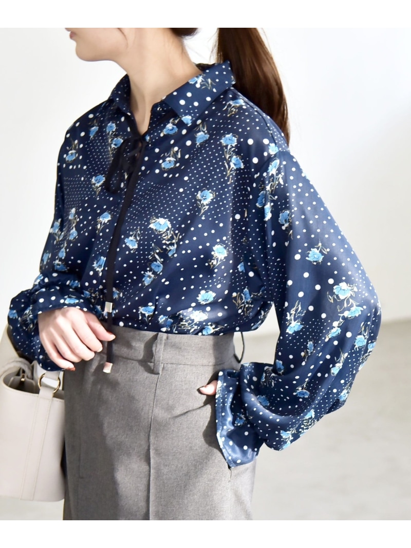 quaranciel:＜洗濯機可能＞ドット フラワー プリント リボンタイ シャツ quaranciel シップス トップス シャツ・ブラウス ネイビー ベージュ【送料無料】[ Fashion]