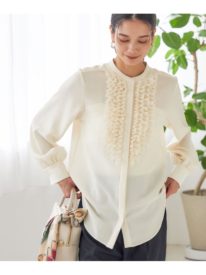 【SALE／30%OFF】＜洗濯機可能＞ポリエステル カルゼ フリル ブラウス SHIPS WOMEN シップス トップス シャツ・ブラウス グレー ホワイト【RBA_E】【送料無料】[ Fashion]｜SHIPS　シップス