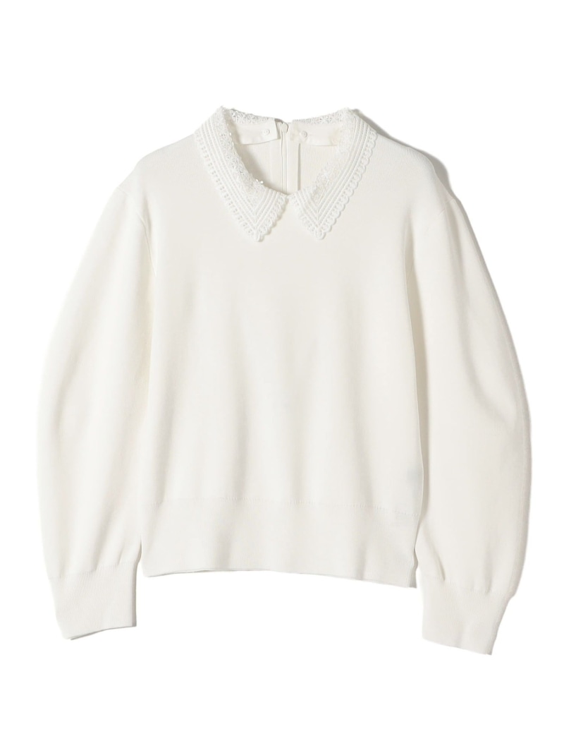 SHIPS Primary Navy Label:＜手洗い可能＞シルク混 レース 襟 プルオーバー SHIPS WOMEN シップス トップス ニット ホワイト ネイビー【送料無料】[ Fashion]