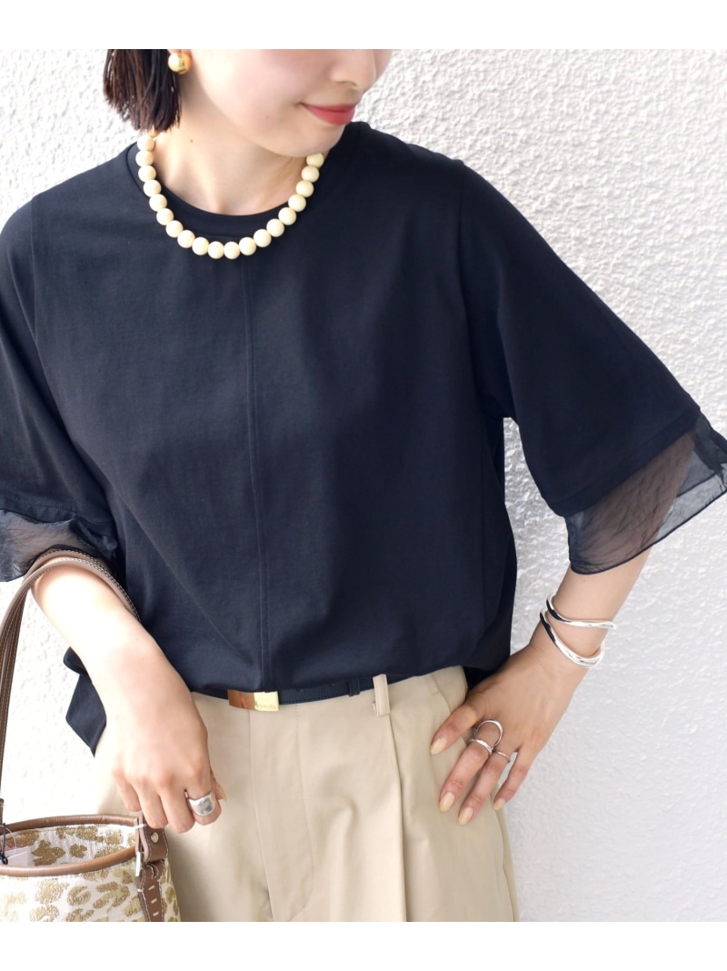 【WEB限定】＜接触冷感 / UVカット＞シアー オーガンジー コンビ プルオーバー SHIPS WOMEN シップス トップス カットソー・Tシャツ ホワイト ブラウン ブラック【送料無料】[ Fashion]