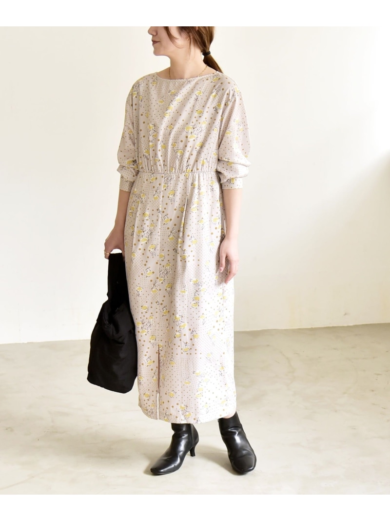quaranciel: ドット フラワー プリント Iライン ギャザー ワンピース quaranciel シップス ワンピース・ドレス ワンピース ベージュ ネイビー【送料無料】[ Fashion]