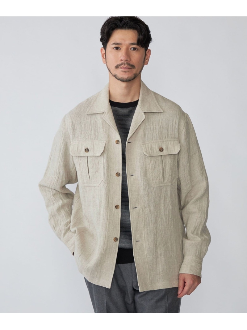 【SALE／50%OFF】SHIPS: リネン ウール オーバーシャツ 24AW SHIPS MEN シップス トップス シャツ・ブラウス ブルー ブラウン【RBA_E】【送料無料】[ Fashion]