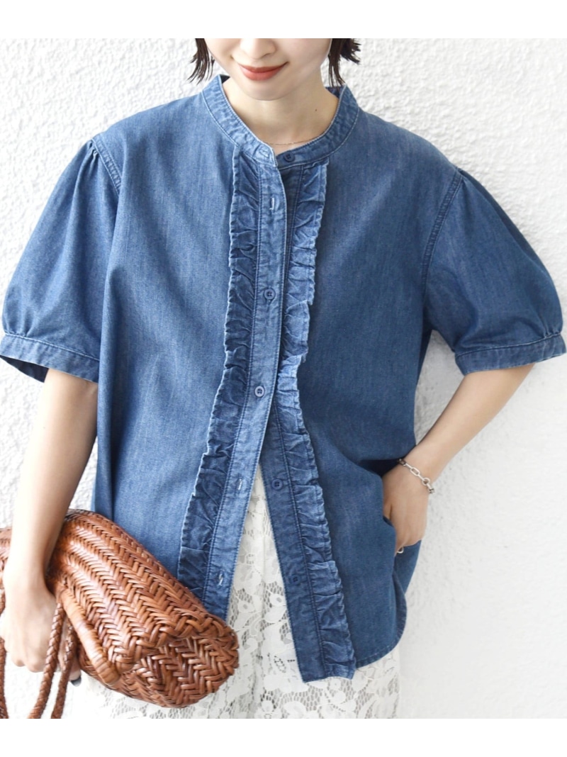 《予約》【WEB限定】＜手洗い可能＞ライト オンス フリル デニム 半袖 シャツ SHIPS WOMEN シップス トップス シャツ・ブラウス ブルー【先行予約】*【送料無料】[ Fashion]